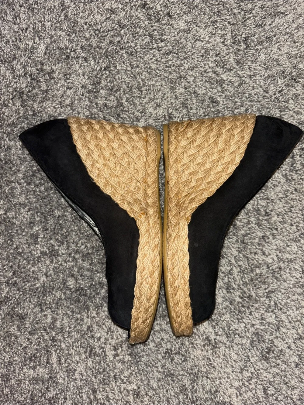 Stuart Weitzman Black Suede Peep-Toe Espadrille Wedges with Natural Jute